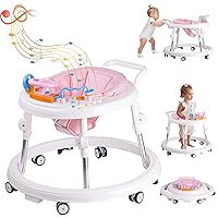 Baby Walker Foldable, Baby Walkers and Activity Center for Boys Girls Babies 6-12 Months with Feeding Tray & Music, and 5 Adjustable Heights, Baby Walker with Wheels
