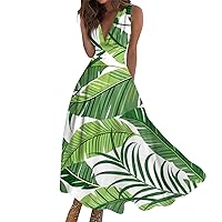 Dresses for Women 2024 Summer Floral Print Maxi Dress Wrap V Neck Flowy Beach Dress Sleeveless Elegant Sundresses