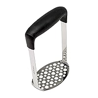 Cooking Light Heavy Duty Stainless Steel Masher, Broad and Ergonomic Horizontal, Fine Plate for Smooth Mashed Potatoes, Soft Grip and Non-Slip Handle, Black