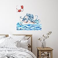 Ocean Beach Nautical Theme Underwater Octopus Kids Room Wall Art Wall Stickers Watercolor Marine' Life Tropical Reusable Wall Decal for Backdrops Kids Room Laptop Trucks Vinyl 22in