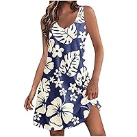 Women's V Neck Sleeveless Beach Dress Funny Leaves Flowers Print Sundress Casual Loose Mini Tank Dress with Pockets