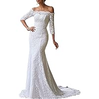 Women's Mermaid Wedding Dresses Off The Shoulder 3/4 Sleeves Lace Bridal Gown with Train