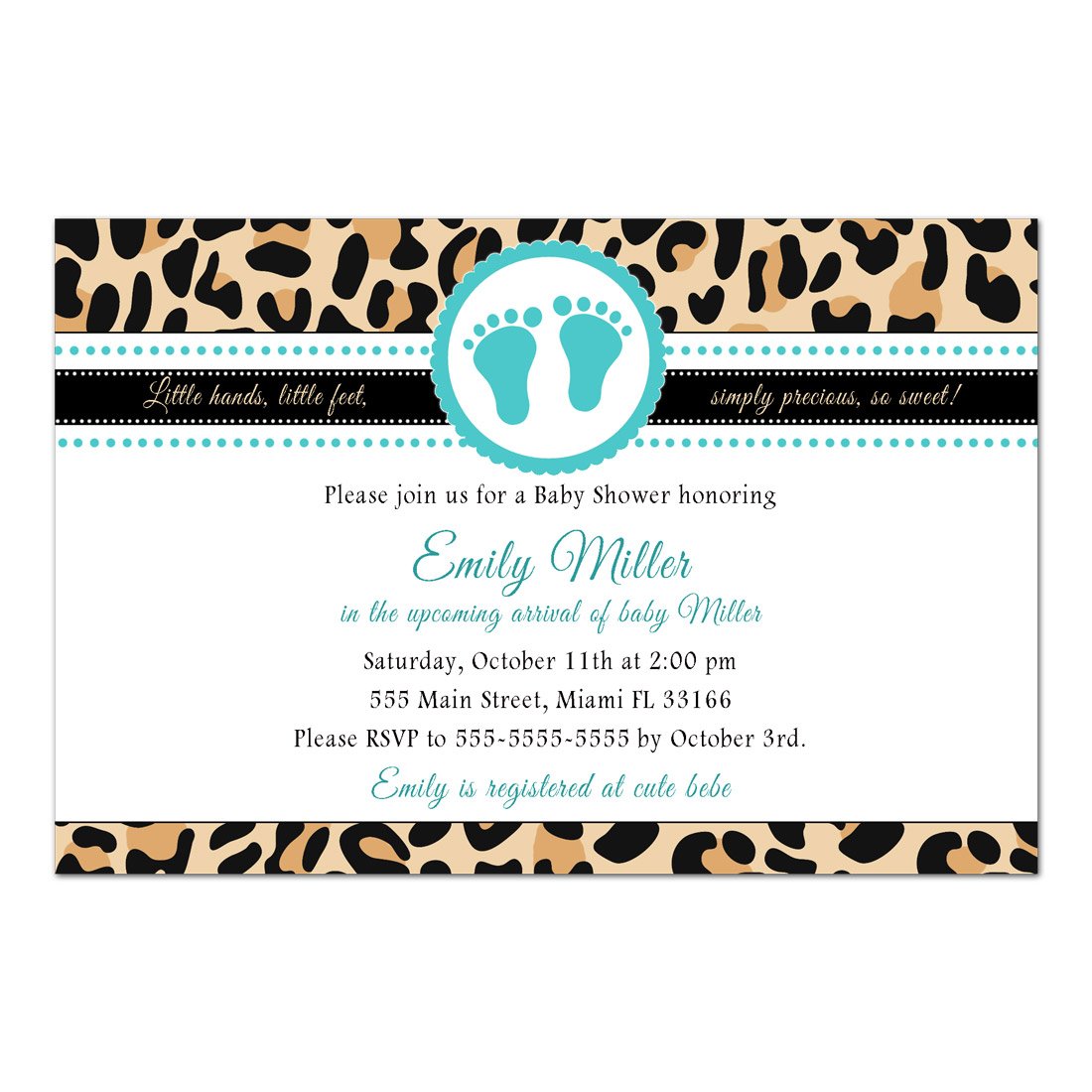 30 Invitations Baby Shower Leopard Animal Print Teal Unisex Personalized Cards + 30 White Envelopes