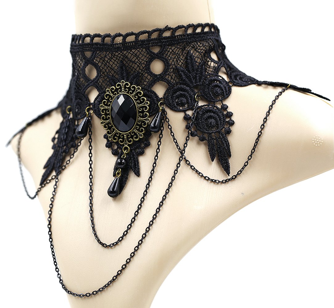 ETERNITY J. Elegant Vintage Princess Black Lace Gothic Statement Necklace Bracelet Victorian Lolita Choker Pendant Vampire Chain