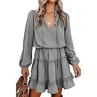 BTFBM Women Casual Spring Summer Dresses Tie V Neck Long Sleeve High Waist Ruffle Tiered A Line Swing Tunic Mini Dress