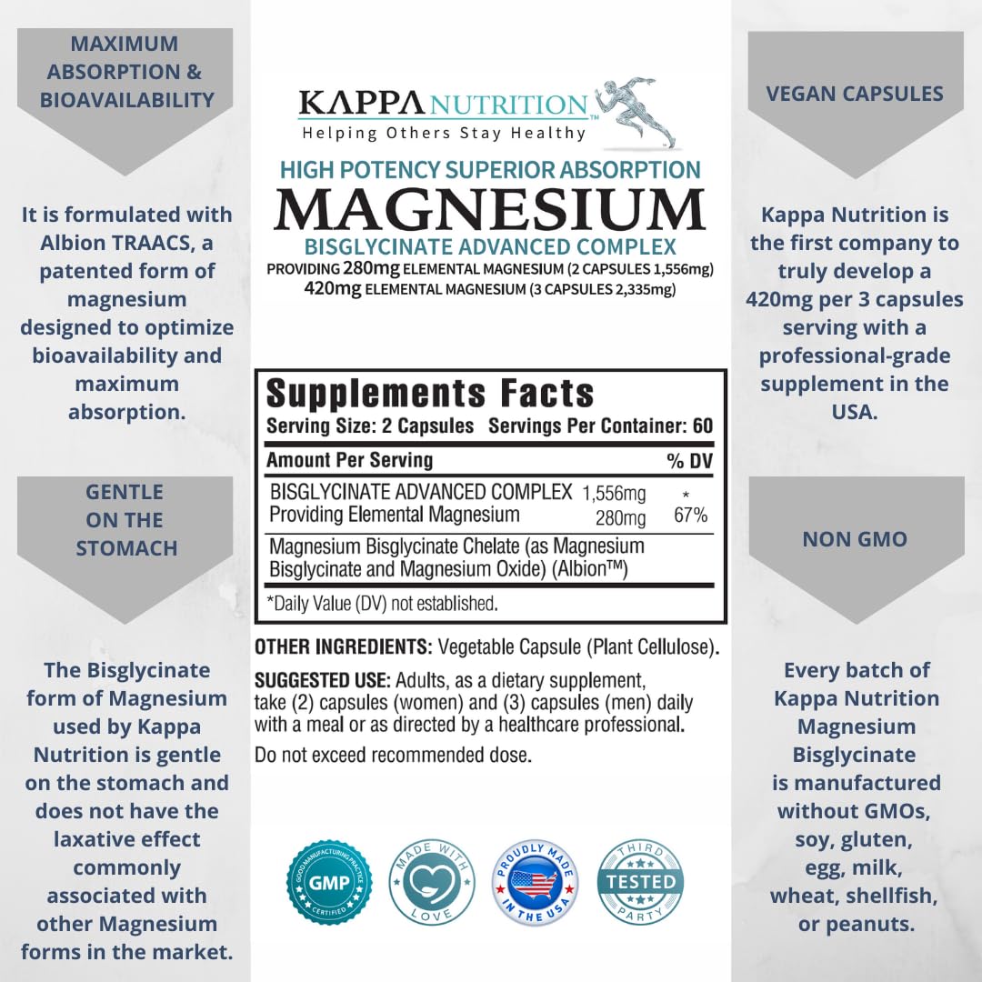 (120 Capsules), 2,253mg Per Serving, Providing 420mg Elemental Magnesium Bisglycinate Chelate, from Kappa Nutrition.