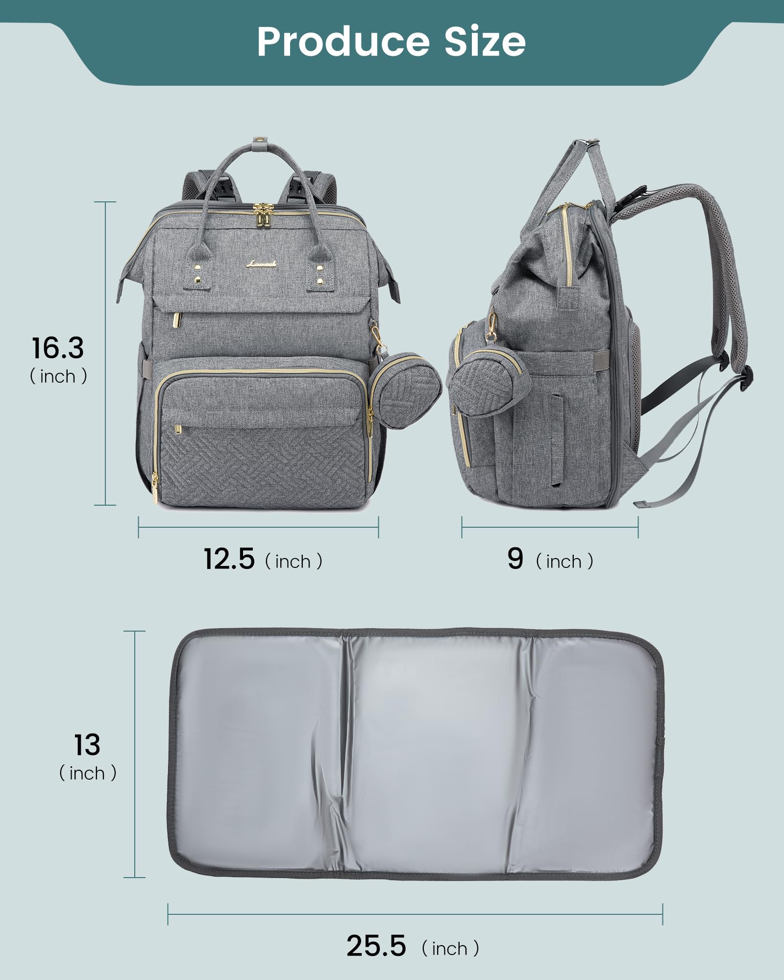 LOVEVOOK Diaper Bag Backpack, Multi functions Baby Bags with Diaper Compartments, Large Nappy Bag with Changing Pad & Pacifier Case, Unisex Travel Diaper Back Pack, Waterproof & Stylish, Grey