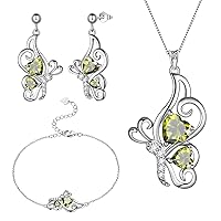 Green Butterfly Heart Jewellery Sets Women 925 Sterling Silver Animal Butterflies August Created Peridot Birthstone Peridot Necklace/Earring/Bracelet Set Crystal Wedding Birthday Jewelry