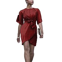 Fashion African Print Dresses for Women Bazin Riche Mini Pleated Dresses with Belt African Clothing
