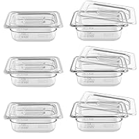 6 Pack 1/6 Size 2.6'' Deep Clear Food Pans with Lids, Commercial Food Pans Polycarbonate Transparent Food Storage Containers, Stackable Plastic Pan with Capacity Scale, Restaurant Supplies Hotel Pan