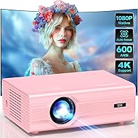 [Auto Focus/Keystone] Projector with WiFi 6 and Bluetooth 5.2, 400 ANSI Native 1080P 4K Supported, Agreago Outdoor Projector with Screen, Movie Projector Compatible with HDMI/USB/TV Stick (Pink)