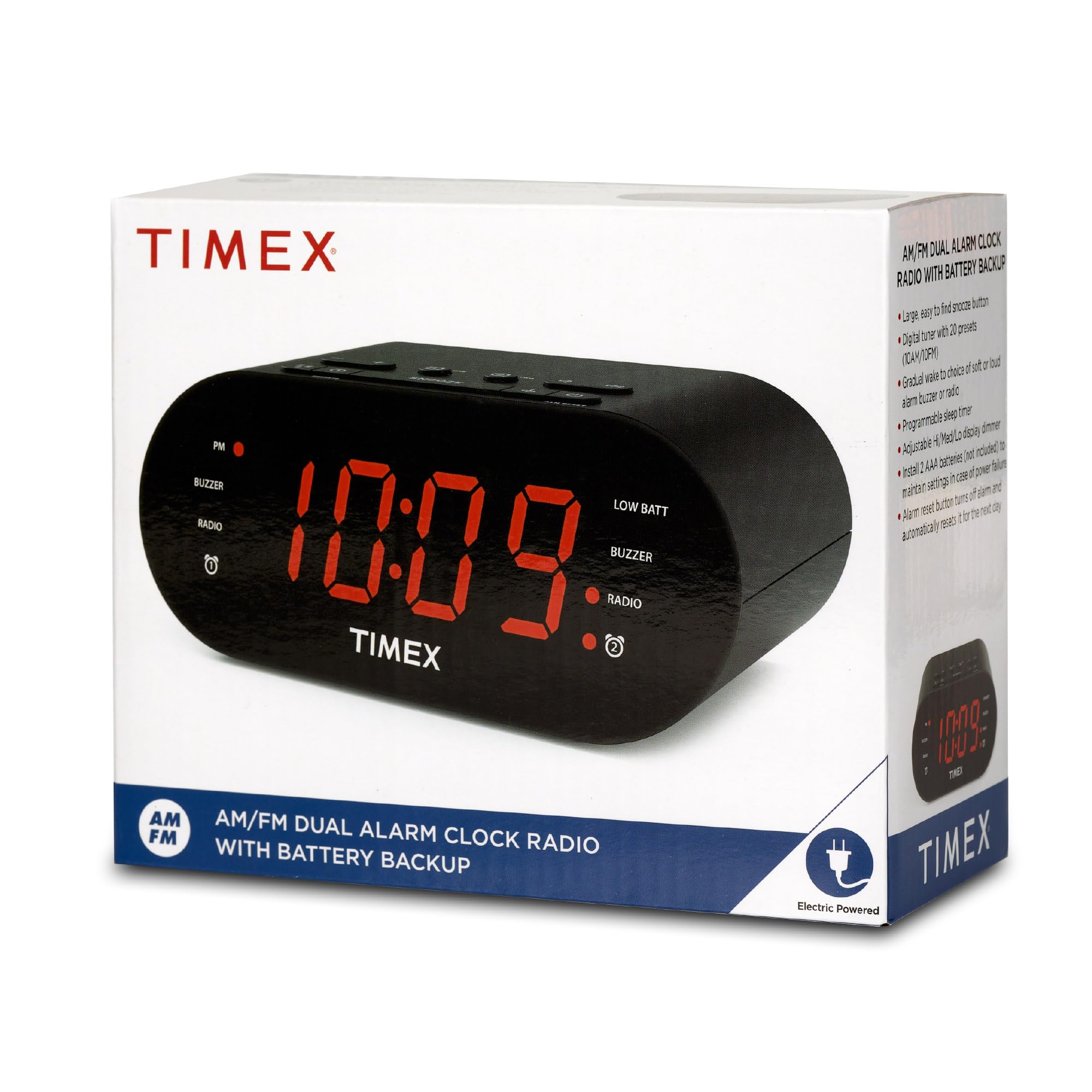 Timex Alarm Clock For Bedroom With AM/FM Radio And 20 Station Presets, With Dual Alarms, Sleep Timer, Snooze, Aux Speaker, And Adjustable Volume Switch (T231GRY6), Gray
