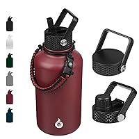 Half Gallon Insulated Water Bottles with Straw Lid, 64oz Large, Stainless Steel with 3 Lids and Paracord Handle for Hot & Cold Liquid, Brick Red