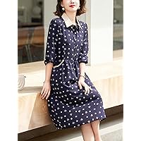 Dresses for Women - Bee and Polka Dot Print Contrast Collar Shirt Dress (Color : Navy Blue, Size : X-Large)