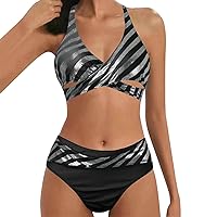 Bikini Sets for Women with Bra Pads Tropical Halter High Waisted Two Pieces Swimsuits Tummy Control Bathing Swimsuits