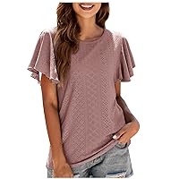 TUNUSKAT Summer Tops for Women Dressy Casual Flutter Sleeve Fashion Tunic Tops Solid Crew Neck Short Sleeve Tee Shirts Blouse