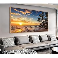 Framed Sunset Beach Wall Art - Tropical Island Beach Pictures Natural Beauty Scene Wall Decor Coastal Ocean Waves Painting Coconut Trees Canvas Print Artwork Home Office Decoration 30
