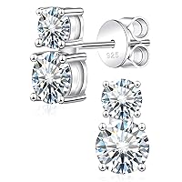 Howoo Moissanite Diamond Earrings For Women S925 Sterling Silver Two Diamond Stud Earrings 3CT D Color VVS1 Round Cut Birthstone Earrings Birthday Christmas Gift For Mom Wife Mother Girlfriend