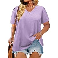 VISLILY Plus-Size-Summer-Tops for Women Casual V Neck T Shirts Puff Short Sleeve Blouses Loose Comfy Tunics Tee XL-5XL