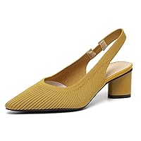 Women's Slingback Knitted Pumps Elastic Band Mid Chunky Heel Pointed Toe Pumps