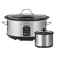Kenmore Programmable 7 qt (6.6L) Slow Cooker with Dipper Sauce-Warmer, Black and Silver, Stainless Steel, Digital Display, One-Touch Controls, Braise, Simmer, Sous Vide, Stew, Soup, Chili, Curry