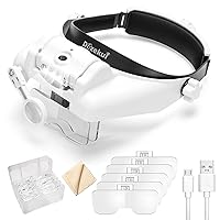 Headband Magnifying Glass with Light, Rechargeable Head Magnifying Glasses 1X to 14X, Magnifying Headset with 6 Detachable Lens, Hands Free Head Mount Magnifier for Close Work Reading Crafts
