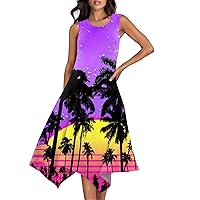Sun Dress Long Hawaiian Dresses for Women Summer Print Casual Fashion Elegant Ceach Dress Sleeveless Round Neck Flowy Dresses Purple Medium