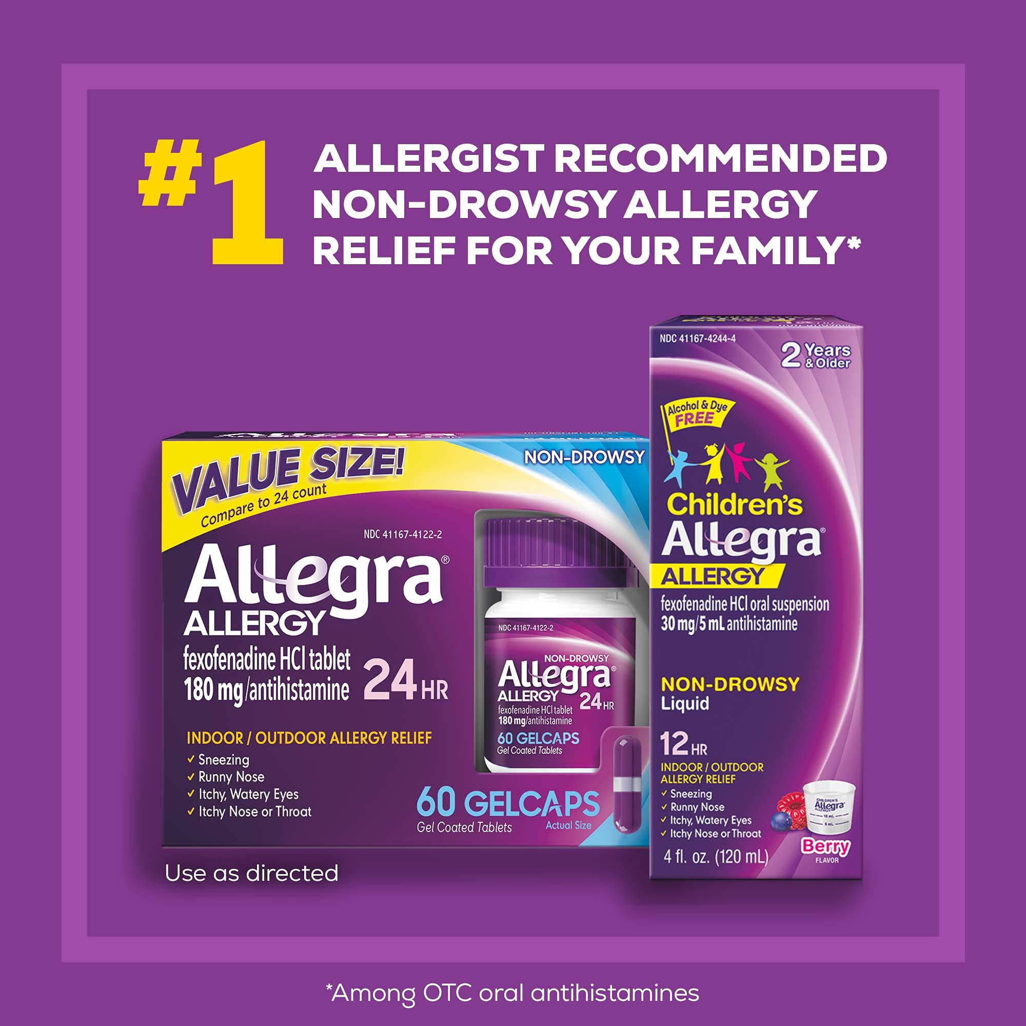 Allegra Adult 24HR Non-Drowsy Antihistamine Gelcaps, 60-Count, Fast-acting Allergy Symptom Relief, 180 mg