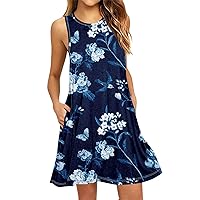 Women's Sun Dresses Summer Dresses for Women 2024 Floral Print Vintage Fashion Casual Loose Fit with Sleeveless Scoop Neck Dress Dark Blue X-Large