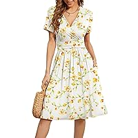 WEACZZY Women's Summer Short Sleeve Casual Dresses V-Neck Floral Party Dress with Pockets