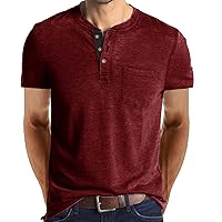 Mens T-Shirt 2023 Summer Trendy Short-Sleeve Basic Solid Color Button Round Neck Pullover Blouse Tee Shirts Tops