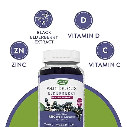 Nature's Way Sambucus Elderberry Gummies, With Vitamin C, Vitamin D and Zinc, Immune Support for Kids and Adults*, 60 Gummies