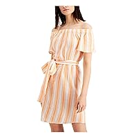 Michael Kors Womens Orange Textured Belted Pullover Lined Striped Flutter Sleeve Off Shoulder Above The Knee Sheath Dress Petites PM