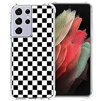 Phone Case for Samsung Galaxy S21 Ultra 5G, Black White Grid Plaid Regular Lattice Checkered Checkerboard Cute Shockproof Protective Anti-Slip Soft Clear Cover Shell