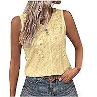 Tank Top for Women Trendy Casual Eyelet Embroidery Sleeveless Tshirt Tops V Neck Button Dressy Tunic Blouse Loose Comfy Tees
