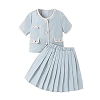 OYOANGLE Girl's 2 Piece Outfits Contrast Binding Button Down Short Sleeve Blouse and Pleated Skirt Set