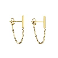 Solid 925 Sterling Silver Stud Earrings Minimalist Bar Earrings with Chain Dangle Earrings For Women