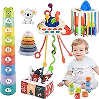 5 in 1 Baby Toys 6 to 18 Months, Montessori Sensory Toys for Babies, Infant Toys Set Includes Shape Sorter, Baby Tissue Box, Pull String Toys, Soft Stacking Rings, Stacking Cups, Gifts for Boys Girls