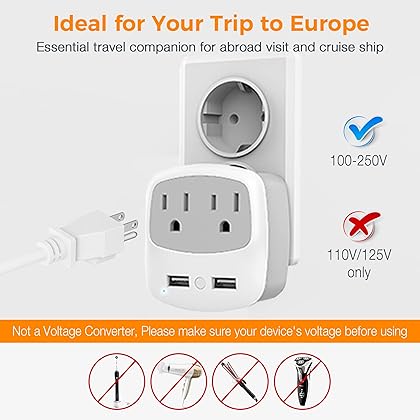 European Travel Plug Adapter, TESSAN International Power Plug with 2 USB, Type C Outlet Adaptor Charger for US to Most of Europe EU Iceland Spain Italy France Germany