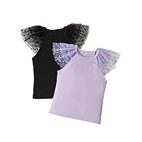 OYOANGLE Girl's 2 Pack Cute Mesh Heart Print Ruffle Cap Sleeve Rib Knit T-Shirt Tee Tops Black Multi 8Y