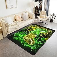 Kids Gamer Area Rug Game Controller Living Room Rugs 5x7 for Boys Honeycomb Gaming Gifts Decorative Carpet Set Beehive Gamepad Pattern Green Yellow Indoor Floor Mat