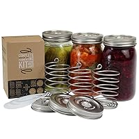 Stainless Steel Fermentation Jar Kit | 3 Waterless Fermenter Airlock Lids & 3 Pickle Helix Fermentation Weights, For Wide Mouth Mason Jars | Recipe eBook Included With Fermenting Kit