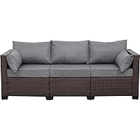 WAROOM Patio Couch PE Wicker Outdoor 3-Seat Sofa Brown Rattan Furniture Set Deep Seating with Anti-Slip Grey Cushion