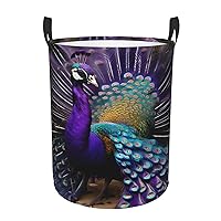 Purple Peacock Round waterproof laundry basket,foldable storage basket,laundry Hampers with handle,suitable toy storage