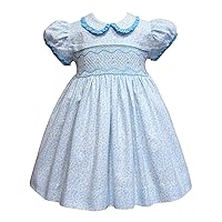 Baby Toddler Girls Dress Fine Hand Smocked Blue Floral Cotton Children Clothing
