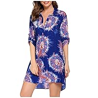 Women's Casual Dress Printed V Neck Short Sleeve Beachwear Mini Dress Shirt Dress(1-Blue,8) 0256