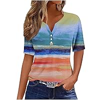 Women's Casual Striped Print T-Shirt V Neck Button Down Henley Shirts Summer Short Sleeve Color Block Blouse Tops