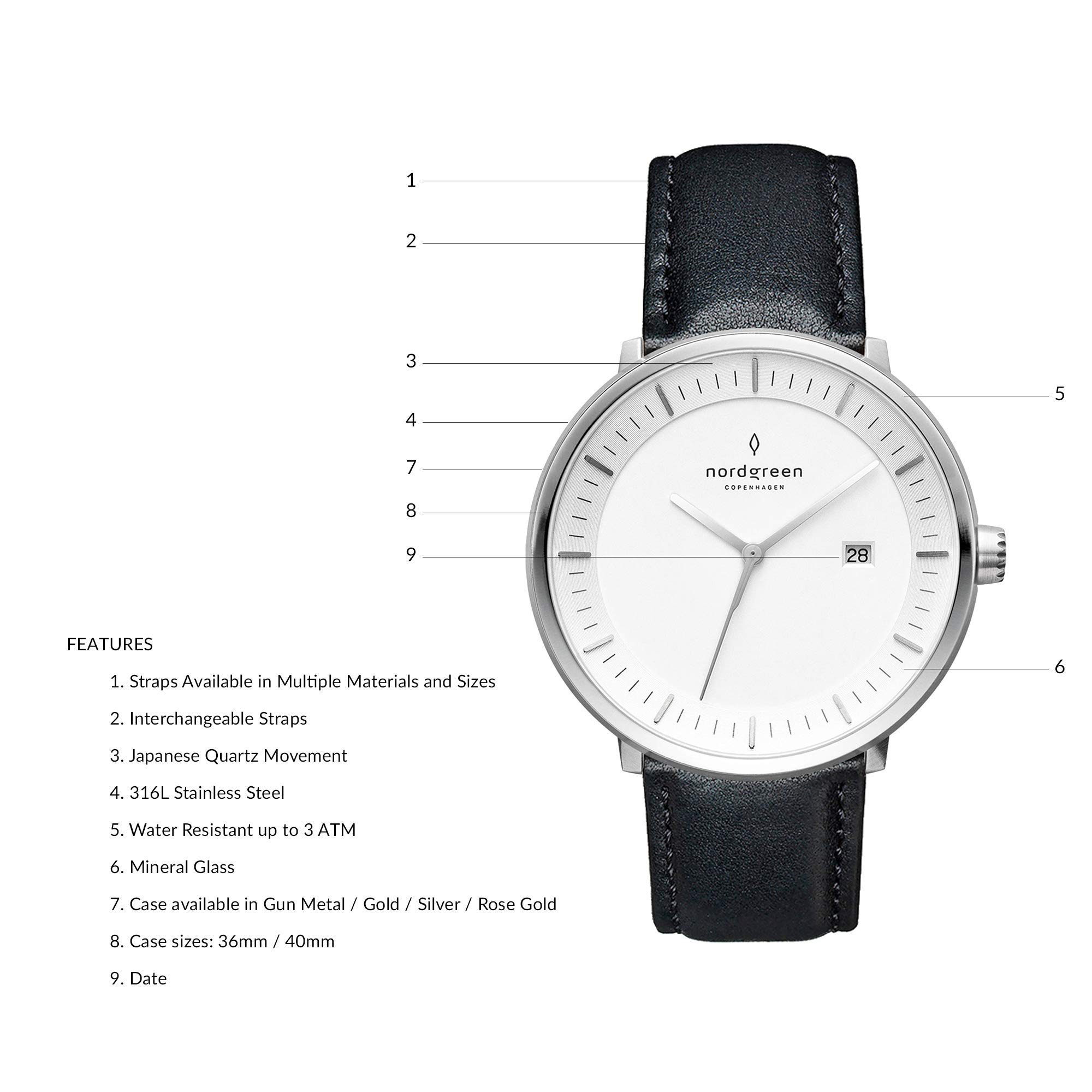 Nordgreen Philosopher Scandinavian Silver Watch with Interchangeable Straps