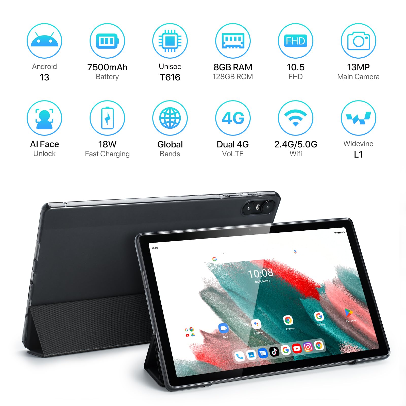 UMIDIGI A13 Tab Android 13 Tablet (8+8) GB+128GB,Support Widevine L1,10+ inch FHD Display Unlocked Tablet with case, 7500 mAh Gaming Tablet, 8MP+13MP Camera, Support 1 TB Expandable