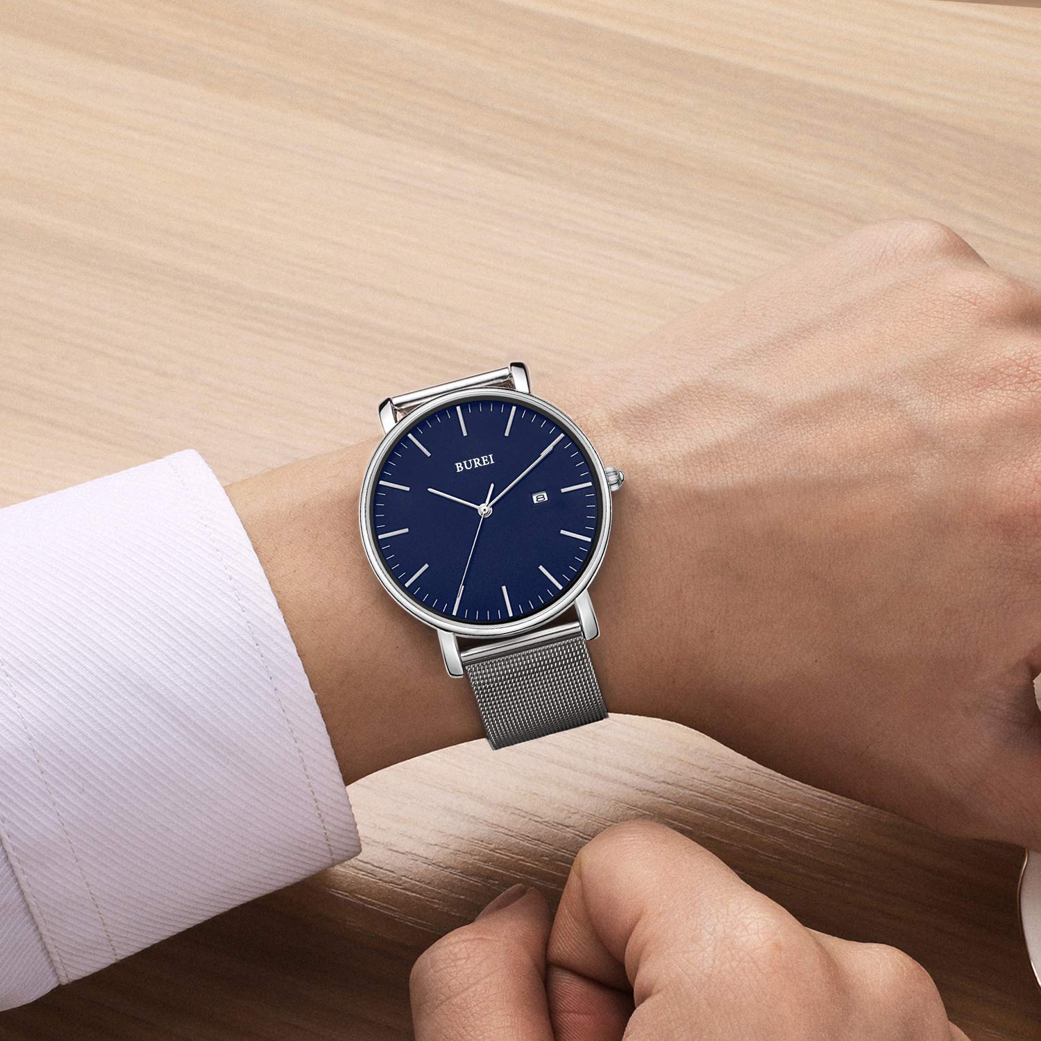 BUREI Herren Uhren Ultra Dünne Silber Blau Minimalistische Quartz mit Datumsanzeige